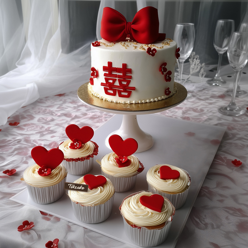 原创婚庆主题翻糖鲜奶蛋糕（含6个纸杯蛋糕）