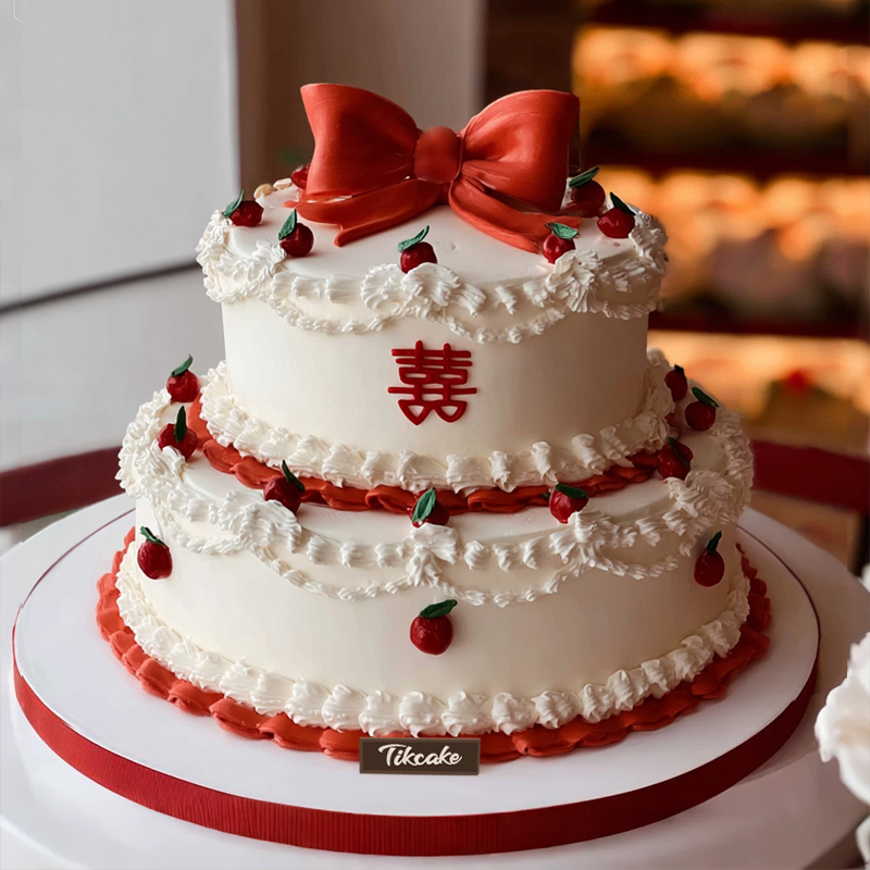 原创婚庆主题双层翻糖鲜奶蛋糕